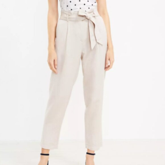 LOFT Linen Blend Paperbag Taper Belted Pants Neutral Beige Size XL Beachy Boho - Picture 11 of 11